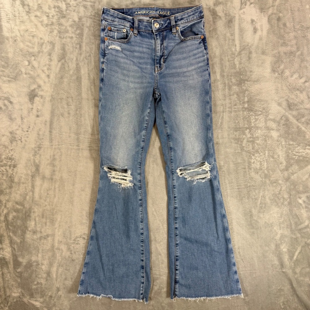 American Eagle Super High Rise Flare Jeans Women's Size 2R Blue Distressed